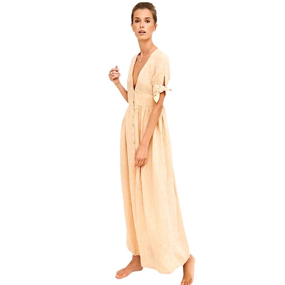Harshman Casilda Linen Maxi Dress Orange Peach Tie Sleeve Button Front XS  Resort